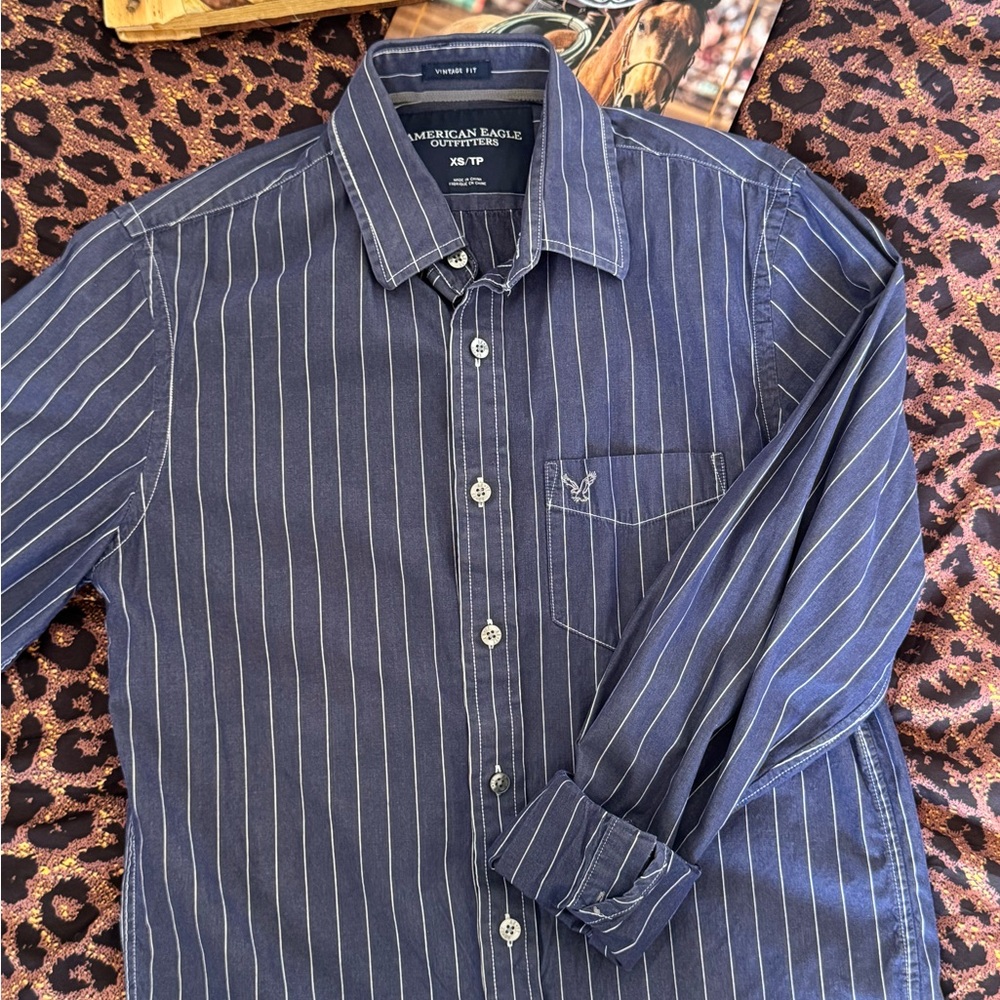 American Eagle Outfitters Navy Pinstripe Vintage Fit Button-Up Shirt